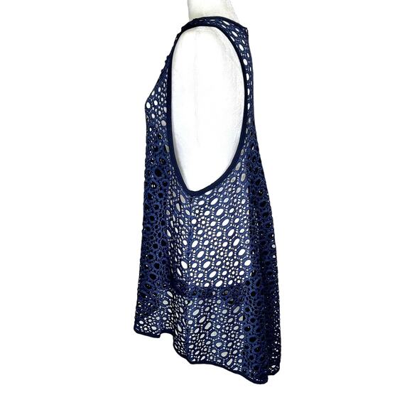 Comfy USA Navy Blue Crocheted Hi-Lo Overlay Stretchy Topper Cover Up Tank Top - Picture 3 of 6